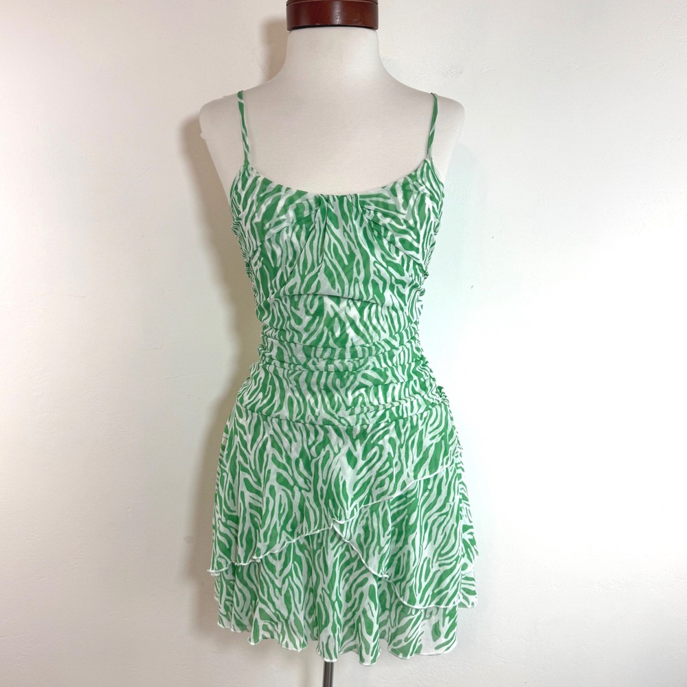 Diane von Furstenberg Target Mesh Ruched Mini Dress Green Zebra Print Y2K XS